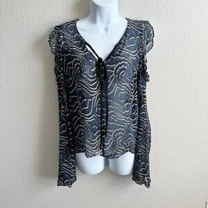 Derek Lam 10 Crosby Silk Blouse Women's 6 Blue Pattern Sheer Cold Shoulder